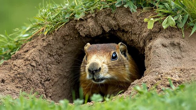 Curious Groundhog Peeking Out of Burrow