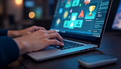 Hands Typing on a Laptop in a Dark Setting with Vibrant User Interface Display