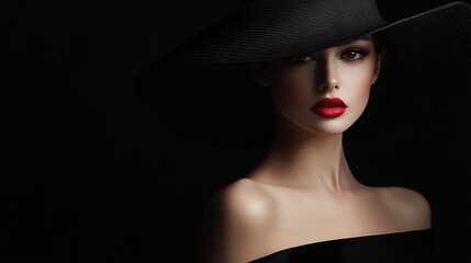 Portrait of a Beautiful Woman in a Black Dress Wearing a Big Hat in Shadows on a black background. Elegant woman with red lips. Stylish Model with hidden Face and space for text.