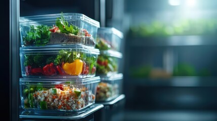 Fresh vegetables and meals in transparent containers, organized in a fridge for meal prep and healthy eating.