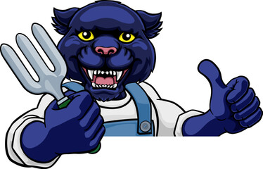 A panther gardener cartoon gardening animal mascot holding a garden fork tool peeking round a sign and giving a thumbs up