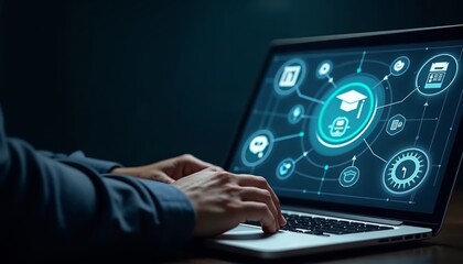 Hands Typing on Laptop with Futuristic User Interface for Technology and Innovation
