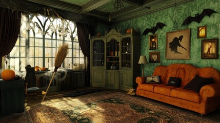 A spooky living room with a large window, a couch, a bookcase, and a broom.