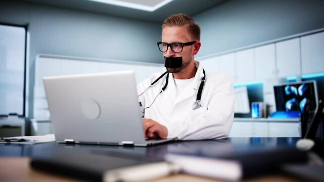 Medical Doctor With Black Duct Tape Over His Mouth