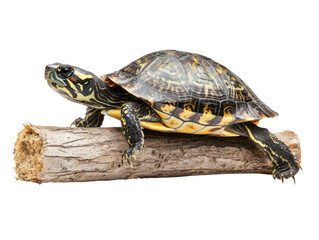 Obraz premium Turtle resting on a log, isolated against a white background.