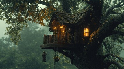 A cozy treehouse with warm lights inside, nestled amidst branches in a rain-drenched forest.
