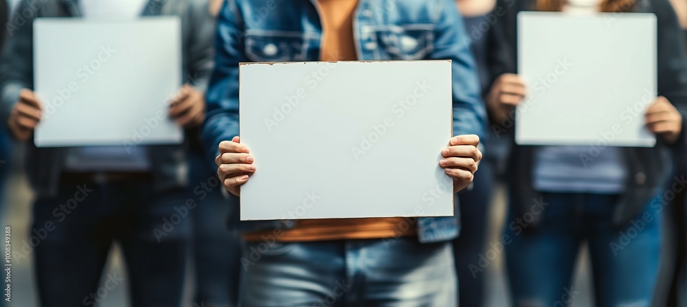 Poster Group of people hold empty paper poster. Generative AI technology.	
