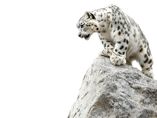 Snow leopard perched on rocky outcrop, looking fierce, white isolated background