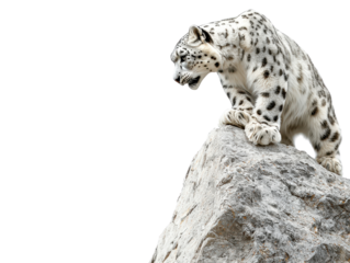 Snow leopard perched on rocky outcrop, looking fierce, white isolated background