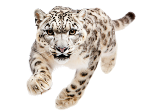 Snow leopard running with intensity, isolated on white background.
