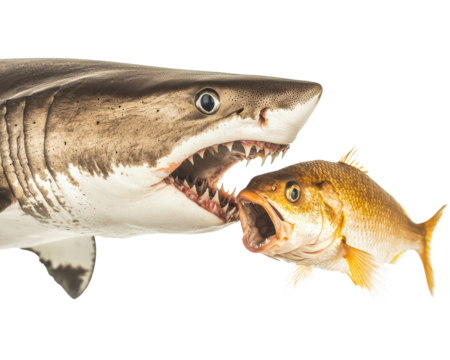 Shark attacking fish, dramatic underwater predator-prey interaction.
