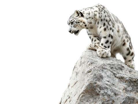 Snow leopard perched on rocky outcrop, looking fierce, white isolated background