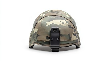 Fototapeta premium Camouflage Military Helmet with Black Straps and Patches