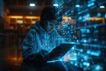 Child engaging with a tablet, surrounded by digital interface elements.