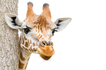 Fototapeta premium Giraffe peeking around a tree, white isolated background