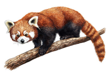 Fototapeta premium Red panda climbing on a branch, white isolate background