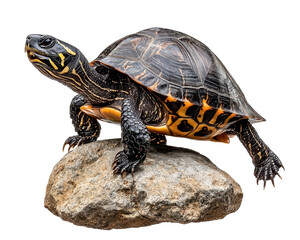 Fototapeta premium Turtle on rock, detailed shell features, white isolate background.
