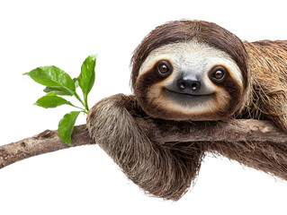 Fototapeta premium Sloth hanging on branch with green leaf, white isolated background.