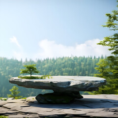 3D Flat Stone Podium on Rock Platform: Natural Product Display with Forest and Horizon Background