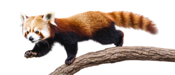 Red panda climbing on a branch, white isolated background.