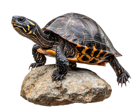 Turtle on rock, detailed shell features, white isolate background.