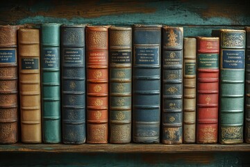 Naklejka premium Colorful Vintage Books on Shelf in Library – Retro Background with Space for Text or Title 