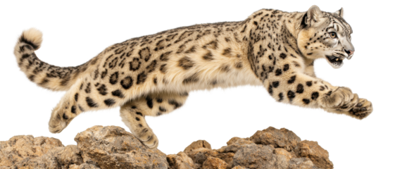 Snow leopard leaping over rocks, isolated on white background