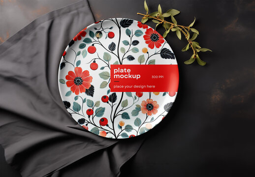Ceramic Plate Mockup &ndash; Realistic Top View Scene with Floral Design, Cloth Texture and Olive Branches for Tableware Branding or Product Presentation