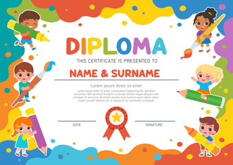 Cover or flyer template with kids draw big art together with large art supplies on abstract color paint texture. Art kids. Painting poster design. Template for Certificate kids diploma.
