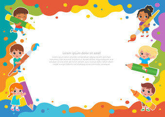 Cover or flyer template with kids draw big art together with large art supplies on abstract color paint texture. Art kids. Painting poster design. Template for advertising brochure.