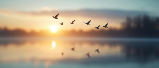 Silhouette of birds flying over a tranquil lake at sunrise, creating a serene and captivating scene.