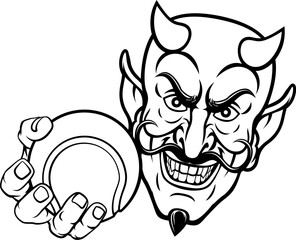 A devil or satan tennis sports mascot cartoon character holding a ball