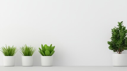 Fototapeta premium A minimalist interior featuring green plants in white pots against a plain background, adding a touch of nature to the space.