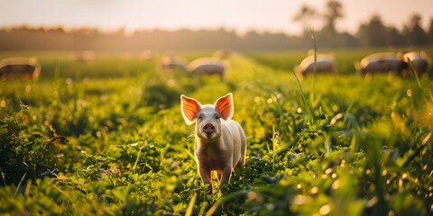 Cinematic Wide Shot of Pigs Silhouetted in a Lush Green Farmland at Sunset