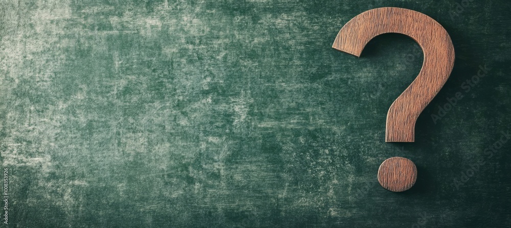 Poster Wooden question mark on chalkboard background. Generative AI technology.	
