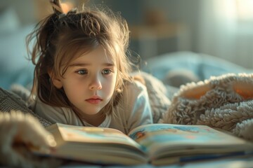 Child reading a storybook on a cozy bed in soft, natural light ambiance. © Phoenix AI Photo