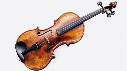 Obraz premium A vintage violin with a rich, brown varnish lies on a white background.