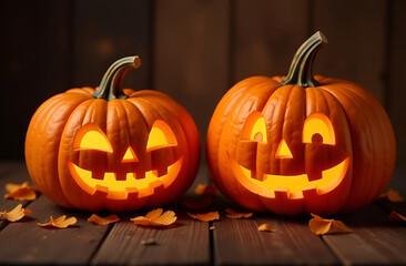 Obraz premium 2 orange pumpkin jack-o-lanterns for Halloween holiday decoration on the wooden boards