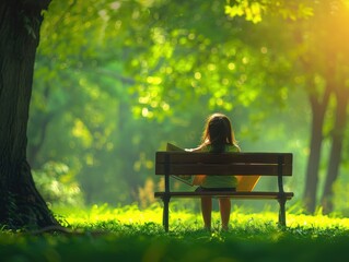 Child sitting on bench, enjoying nature, surrounded by trees and sunshine.