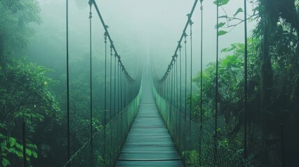 Obraz premium A wooden suspension bridge in the rainforest with fog.