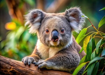 Fototapeta premium Adorable koala resting on a eucalyptus tree branch, showcasing its fluffy fur and sweet expression