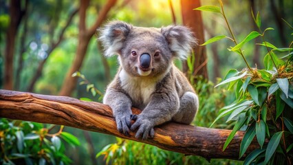 Fototapeta premium Adorable koala bear resting on a tree branch in a lush green Australian eucalyptus forest setting