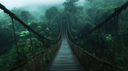 Fototapeta premium A wooden bridge with metal railings leading through a misty forest.