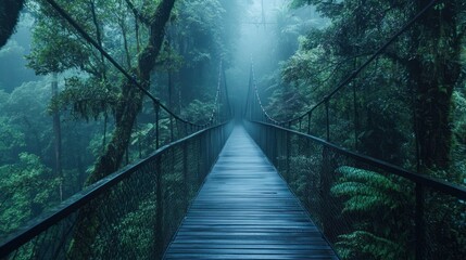 Fototapeta premium Wooden suspension bridge in a misty green forest.
