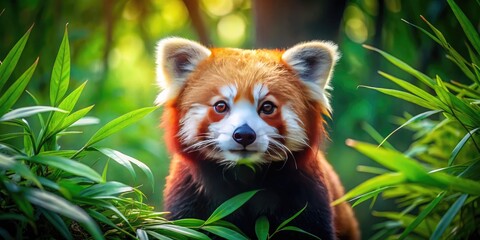 Fototapeta premium Adorable Red Panda Bear in Natural Habitat Surrounded by Lush Greenery and Bamboo Forests