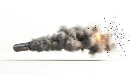 A Cannon Firing with Smoke and Debris Against a White Background