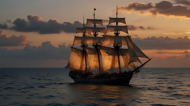 Ancient carrack sailing ship navigating calm ocean at sunset.