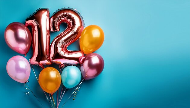 Banner with number 12 colorful balloons with copy space