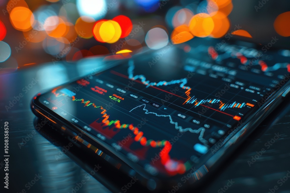 Wall mural close-up of smartphone displaying stock market analysis on blurred background.