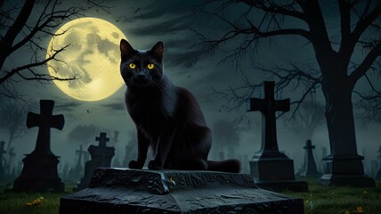 A sinister black cat with glowing yellow eyes sits on a cracked tombstone in a misty graveyard, the full moon glowing in the background. The atmosphere is dark and filled with supernatural energy.